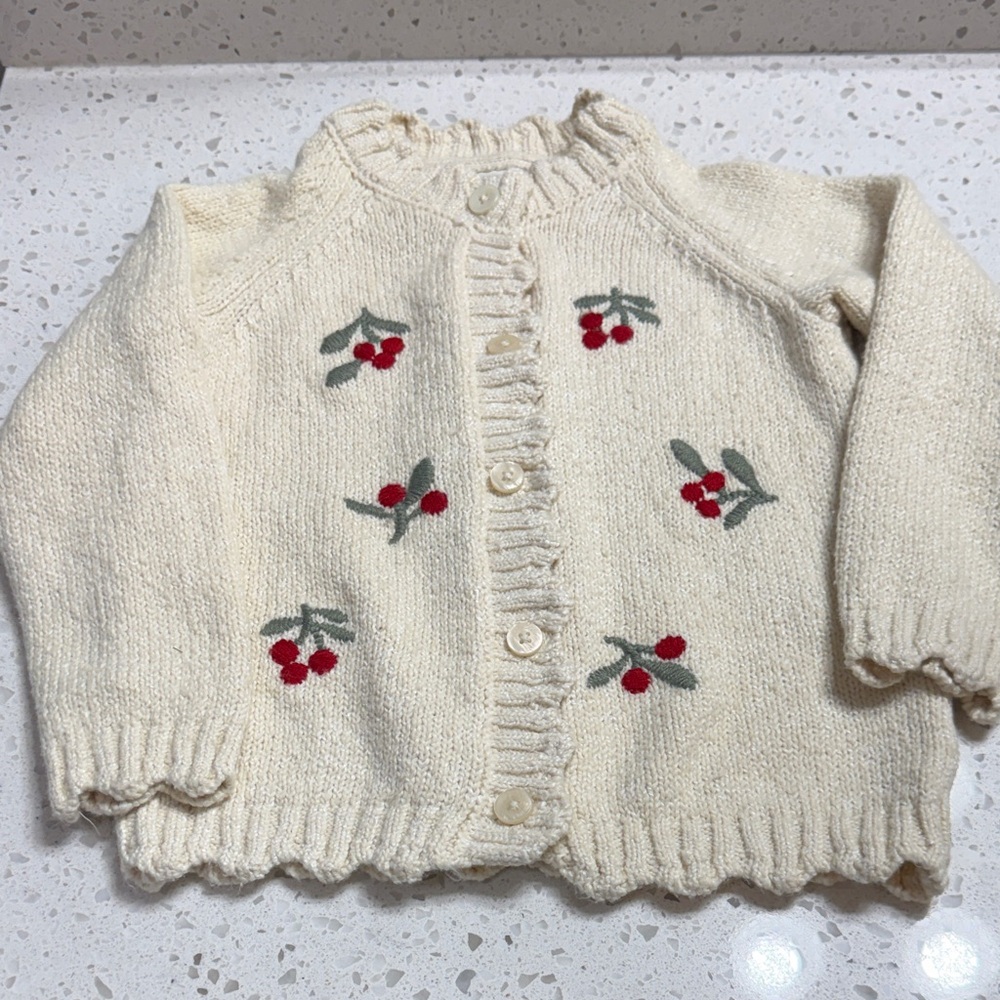 H&M Cherry embroidery Knit‎ cardigan Sweater Spring Easter Cream/Red cute SZ 4T